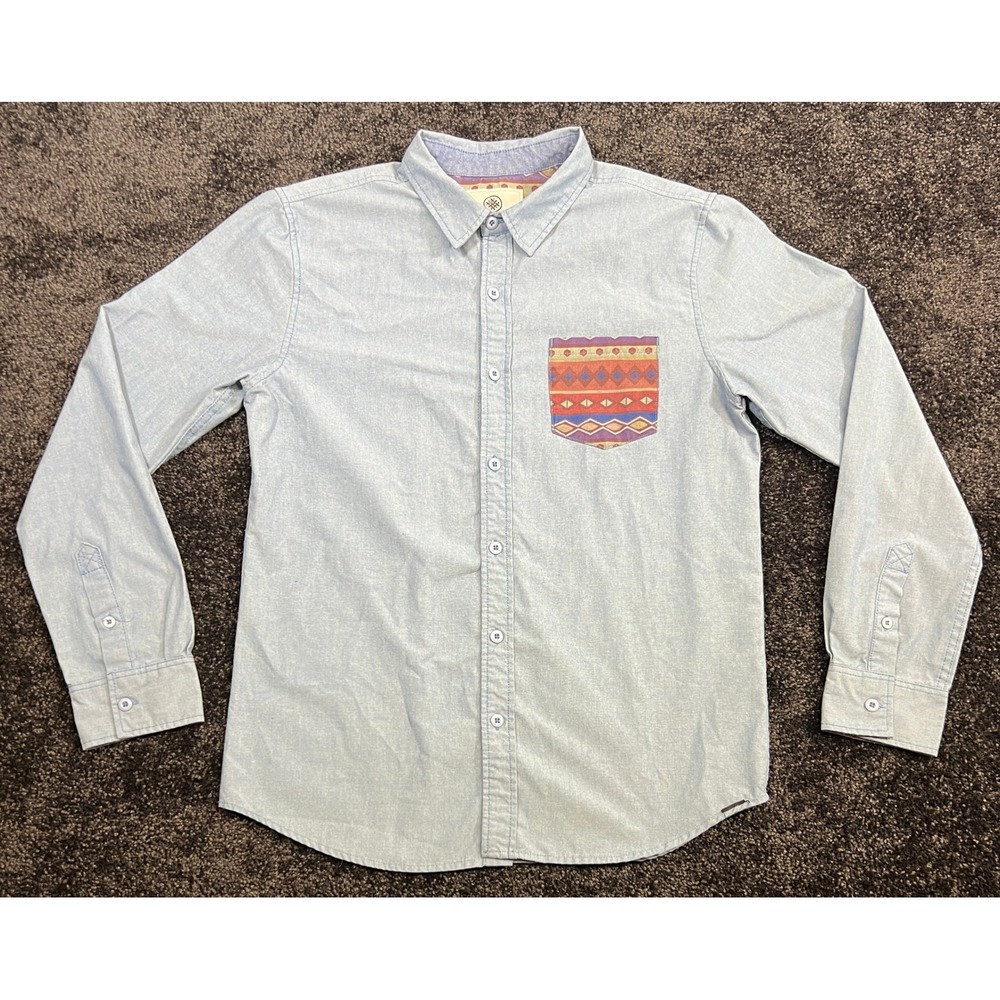 On the Byas Mens Chambray Long Sleeve Button Up Shirt Aztec Pattern Size M